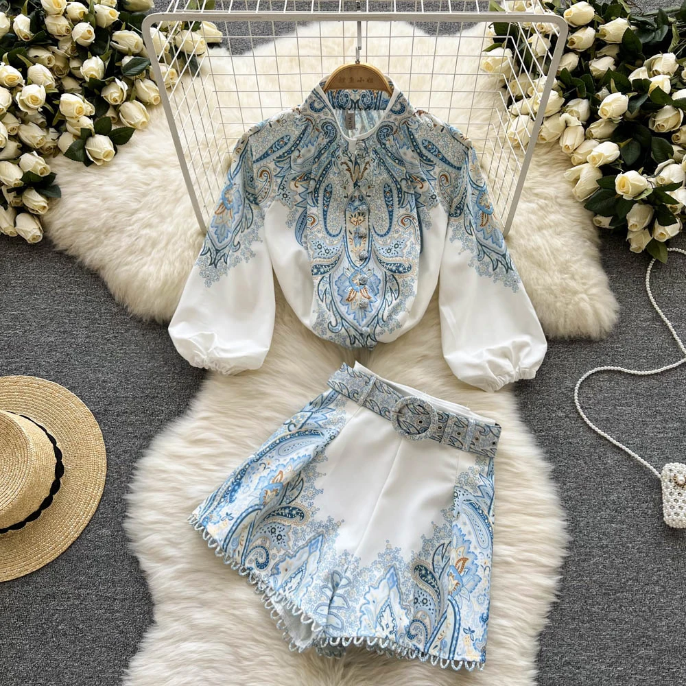 Ins women's 2022 spring and summer Lantern Sleeve Vintage printed shirt wide leg shorts two piece set
Ins women's 2022 spring and summer Lantern Sleeve Vintage printed shirt wide leg shorts two piece set