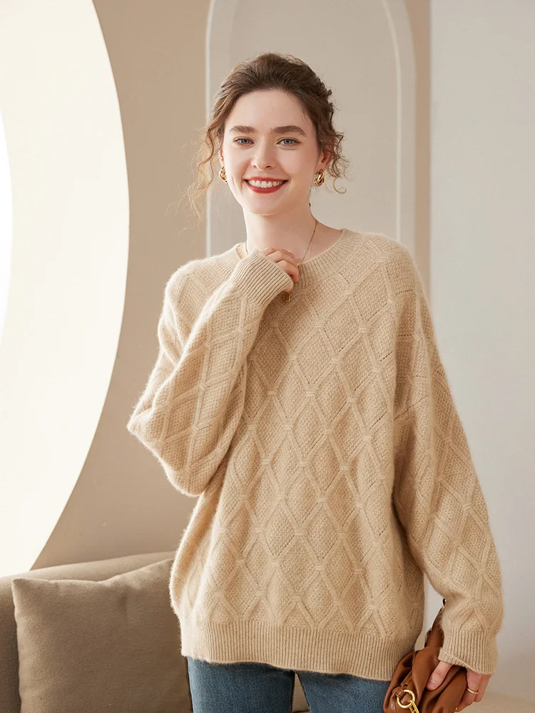 

Women Cashmere Sweater Casual Oversize Pullover For Winter 100% Cashmere Knitwear High Quality Twist Argyle O-neck Jumper Tops