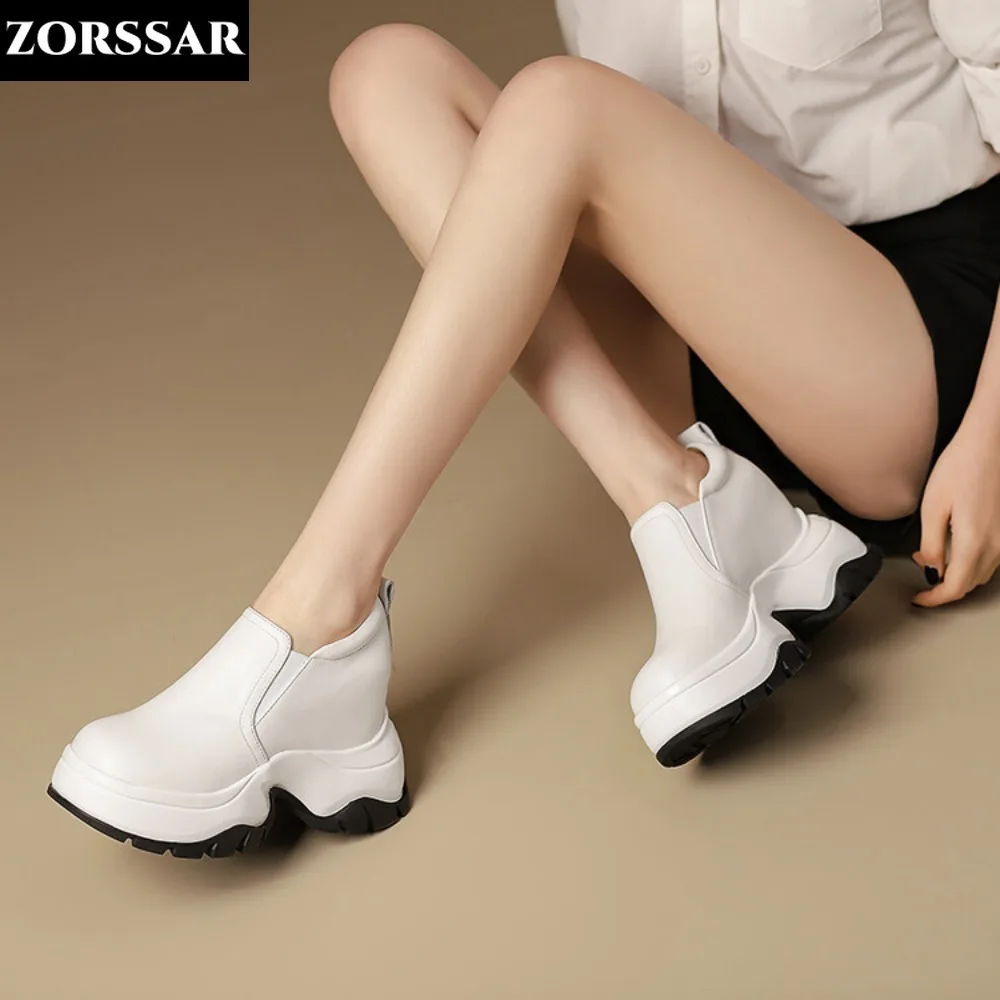 

11cm High Heel Genuine Leather Women Casual Shoes White Skateboard Sneakers Platform Wedge Shoes High-heeled Vulcanized Shoes