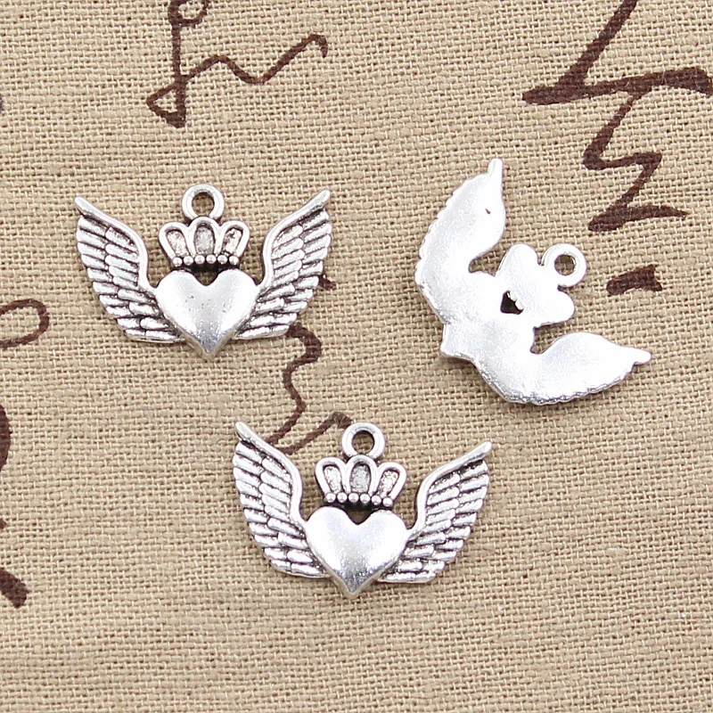 

10pcs Charms Crown Heart Wings 17x24mm Antique Bronze Silver Color Pendants Making DIY Handmade Tibetan Finding Jewelry