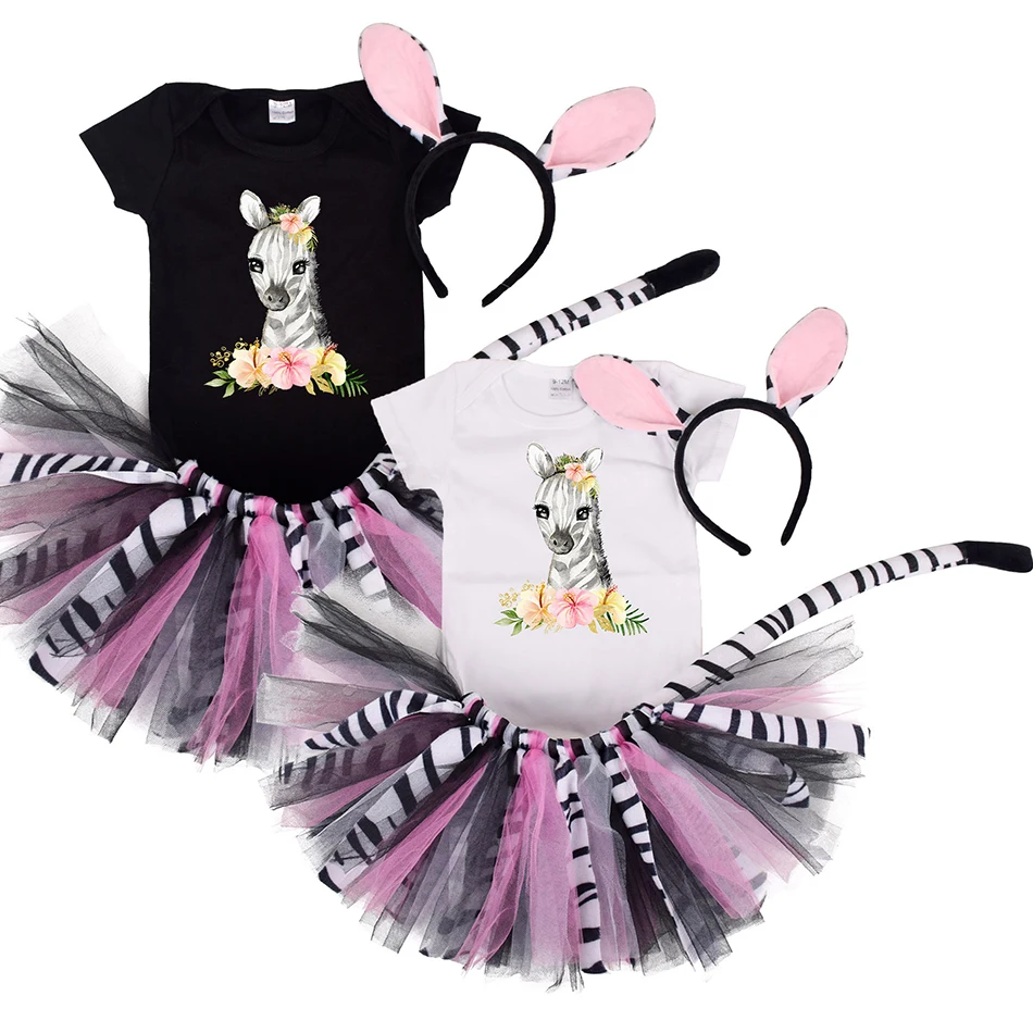 

Baby Girls Halloween Animal Cosplay Costumes for Toddler Kids Zebra 1st Birthday Party Cotton T-shirts Romper Mesh Tutu Dress