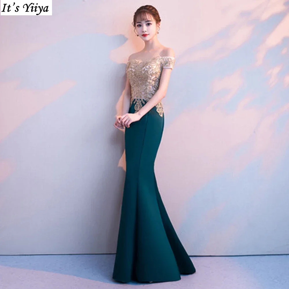 

It's Yiiya Evening Dress Golden Green Off the Shoulder Mermaid Trumpet Floor Length Robe De Soiree Women Party Formal Gown F115