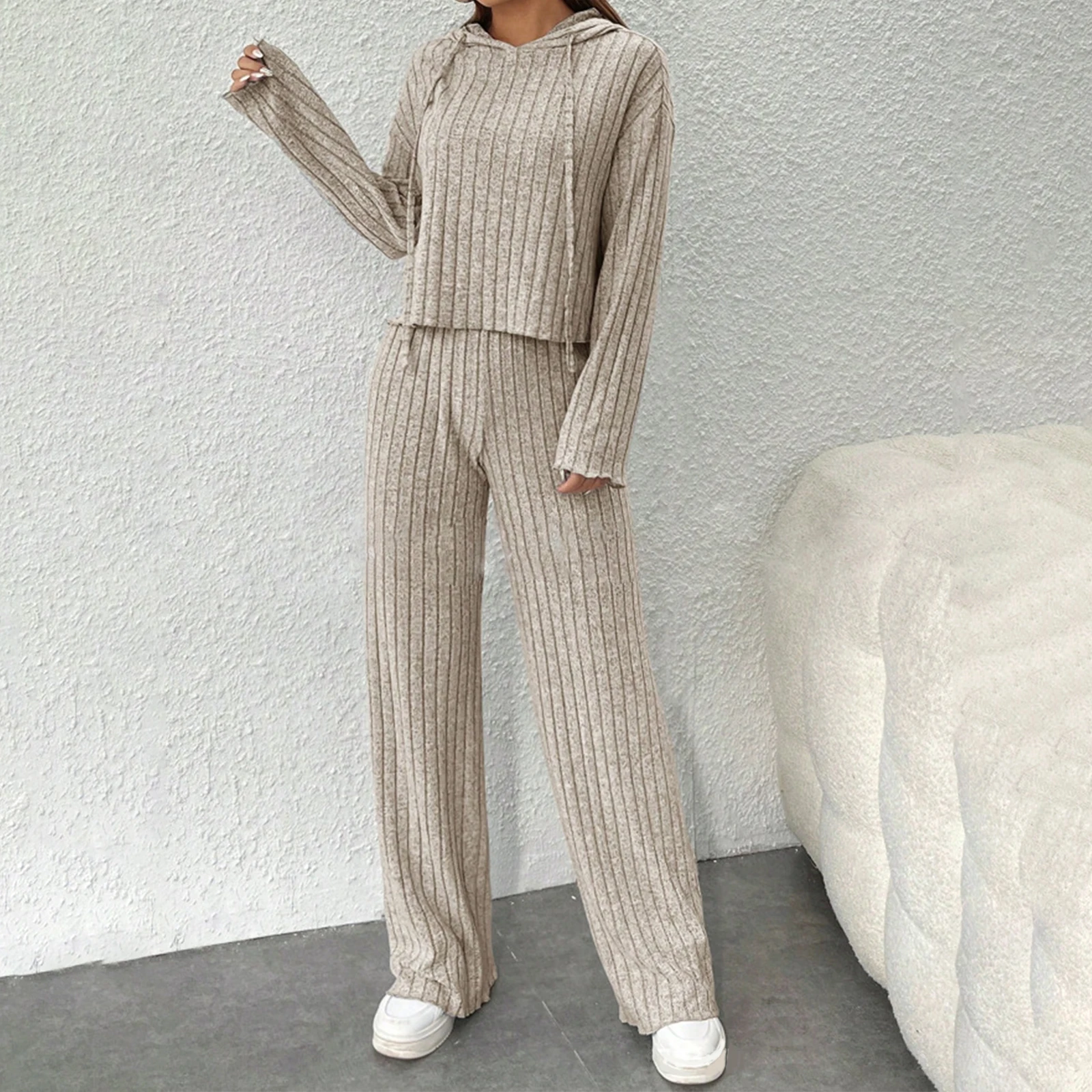

Women Two Piece Spring Fall Outfits Solid Color Ribbed Knitted Hoodie and Wide Legs Pants Set Streetwear Aesthetic Clothes