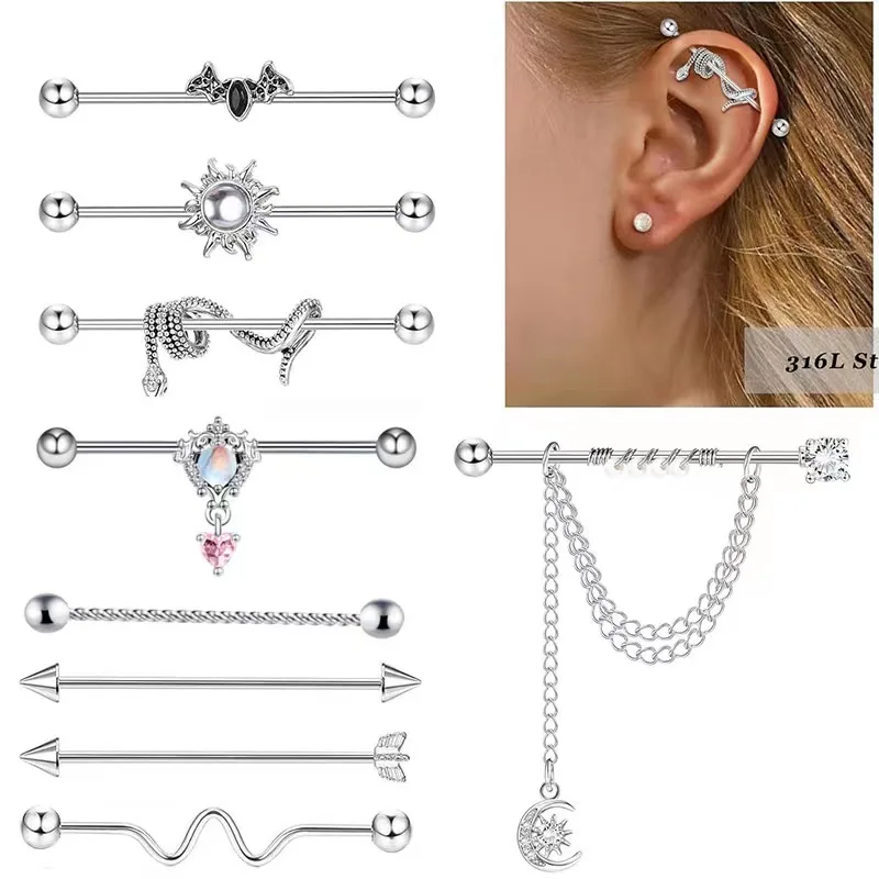 

9PCS Multilayer Chain Pendant Screw Helix Couch Tragus Piercing Jewelry Stainless Steel Ear Bone Nail Cartilage Earring
