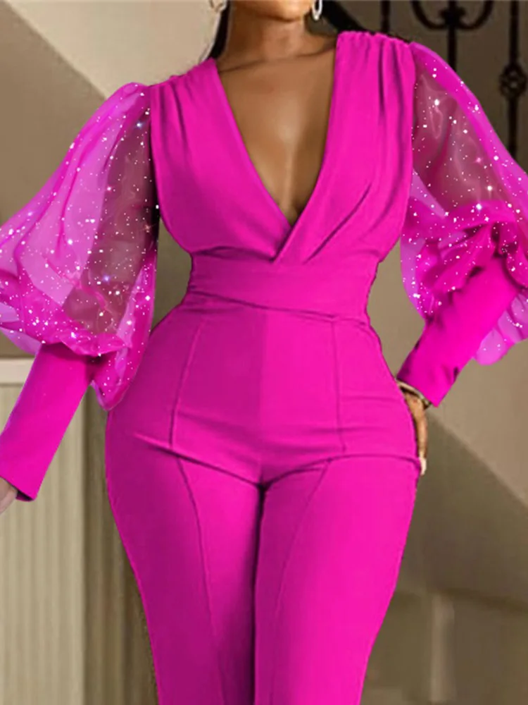 Women Spring Autumn Solid Mesh Patchwork Playsuits Lantern Sleeve Deep V-Neck Fashion Ladies Jumpsuits Streetwear Dropshipping
Women Spring Autumn Solid Mesh Patchwork Playsuits Lantern Sleeve Deep V-Neck Fashion Ladies Jumpsuits Streetwear Dropshipping