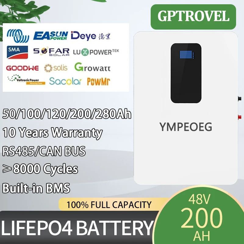 

100% Full Capacity 48V 200Ah 8000 Cycles LiFePO4 Battery Pack Brand New Grade A 50Ah/100Ah Built-in BMS Solar Power Storage