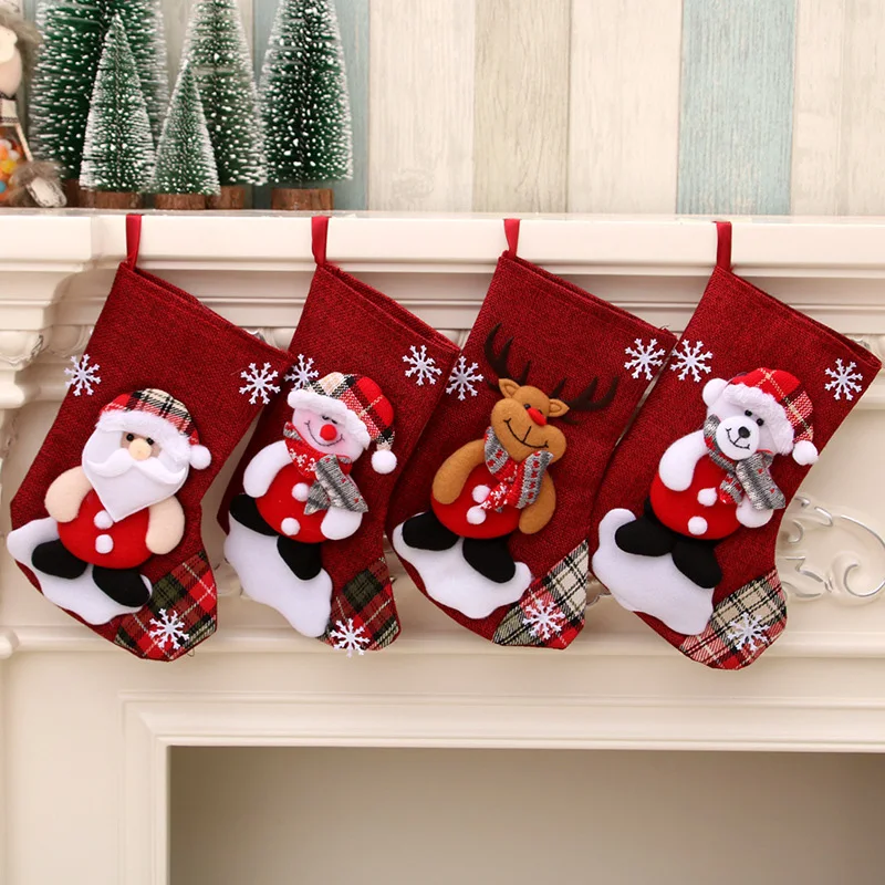 

Christmas Stockings Santa Claus Sock Gift Bags Candy Bag Snowman Deer Pocket Xmas Tree Hanging Ornament New Year Fireplace Decor