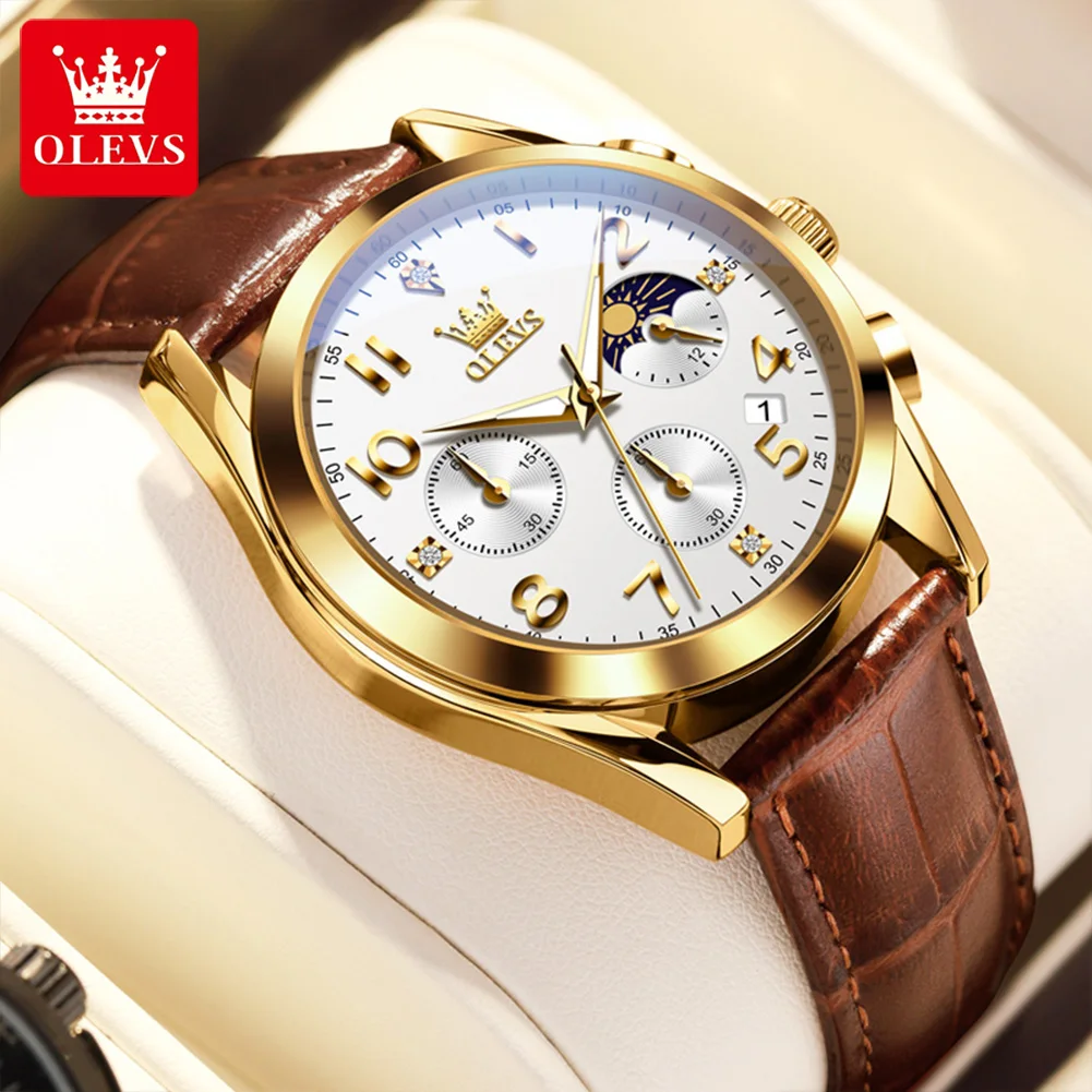 

Olevs New Quartz Watch For Men chronograph Leather Strap Wristwatch Fashion Dimaond Dial Date Diaply Dracelet Domme Watches