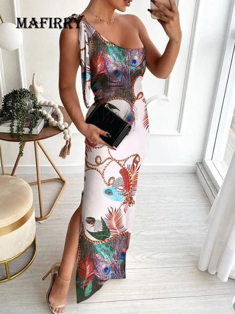 

Summer Women Skew Collar Sexy Long Party Dress Slim One Off Shoulder Patchwork Printing Ladies Slit Dress Sleeveless Streetwear