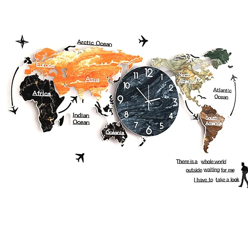 

Watches Home Decor Nordic Creative Silent Clocks Mechanism Gift Ideas Modern World Map Large Wall Clock Living Room Luxury Wall