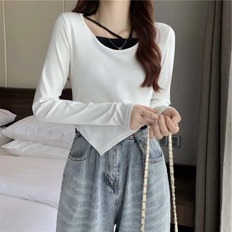 

Spring Autumn Women Fake Two Pieces T-shirts Chic Contrast Color Slim Long Sleeve Top Irregularity Female Bottoming Shirt