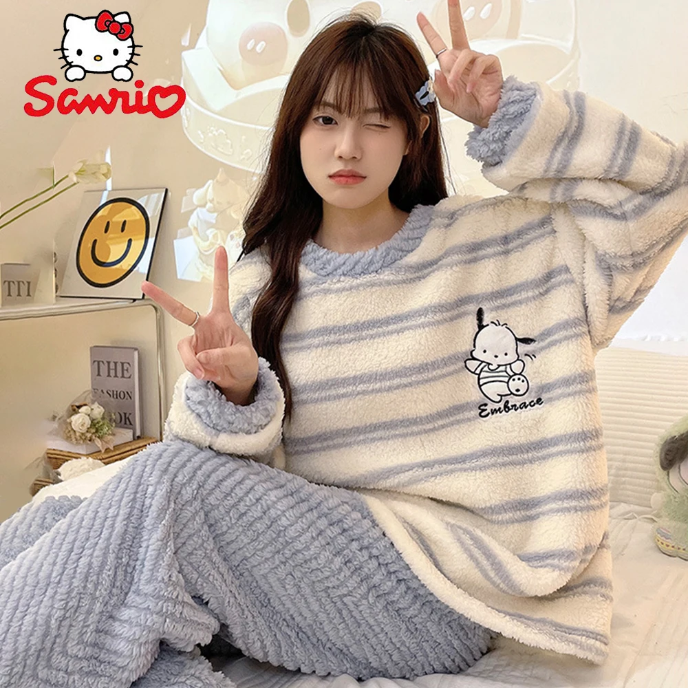 

Kawaii Sanrio Pochacco Women's Coral Velvet Pajama Set Autumn and Winter Girly Cartoon Home Thickened Warm Loose Cute Homewear