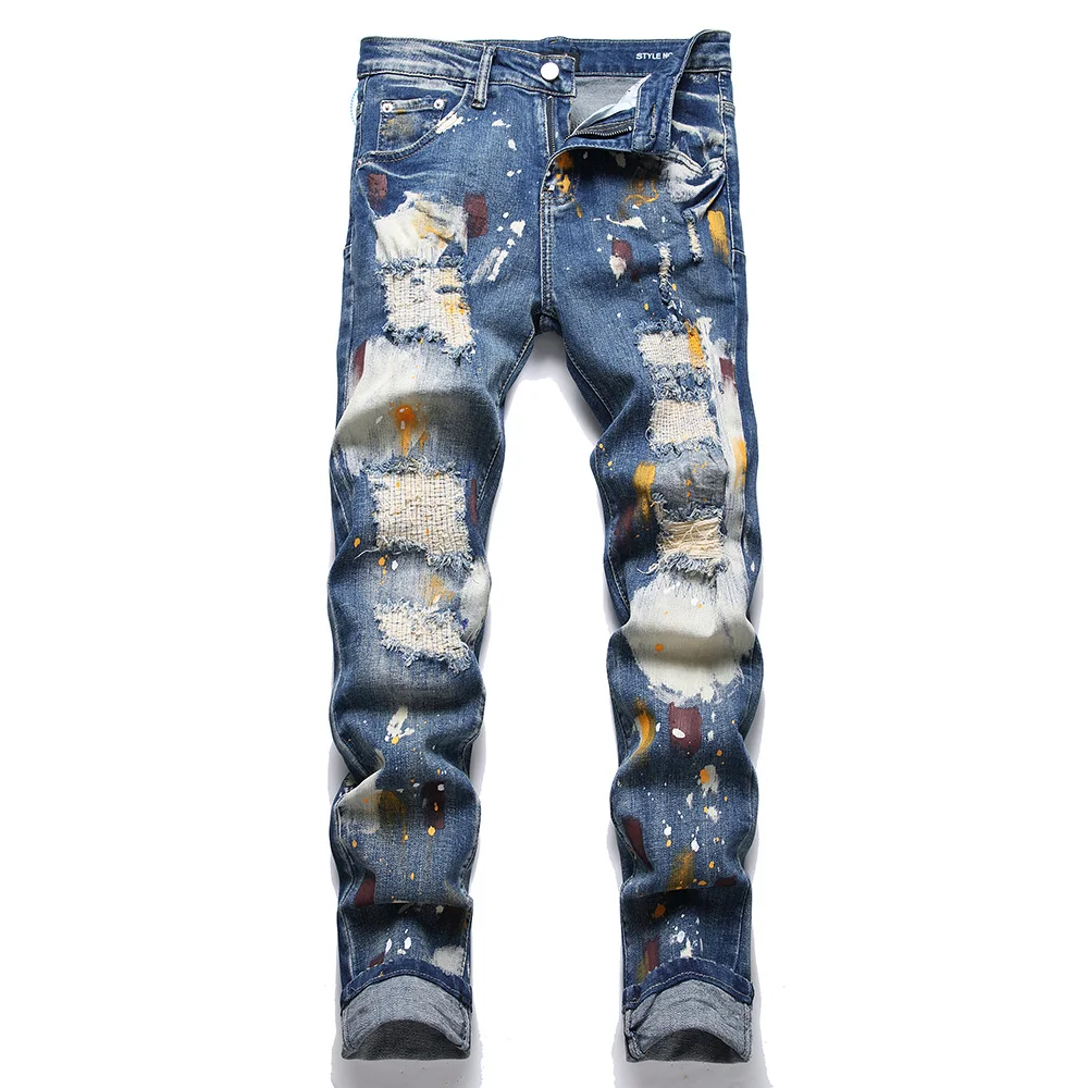

Men Holes Ripped Distressed Stretch Denim Jeans Painted Slim Tapered Pants Streetwear Patchwork Blue Trousers