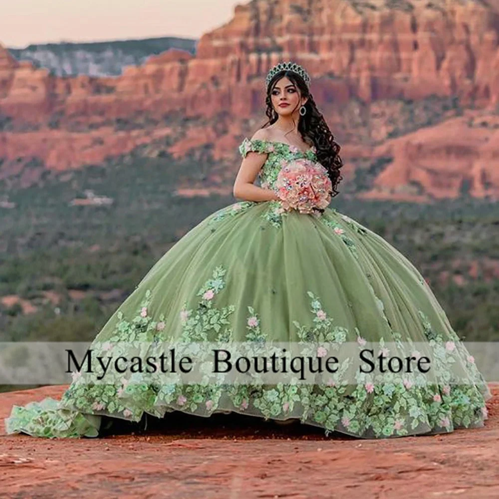 

Sage Green 3D Flowers Floral Appliques Lace Quinceanera Dresses Ball Gown Off Shoulder Sweet 16 Dress Corset Vestidos De XV Anos