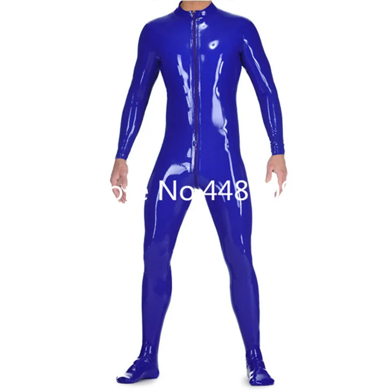 

Handmade Dark Blue Latex Catsuit with Front Zip Through Crotch Rubber BodySuit with Socks for Man