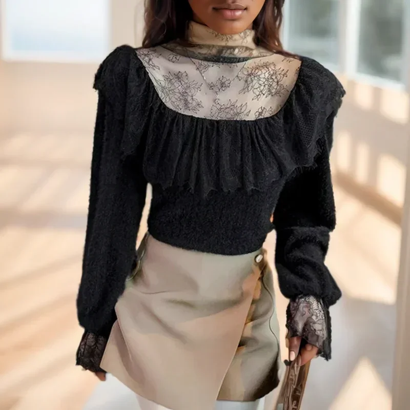 

Женская кружевная блузка с оборками, элегантная офисная блузка с воротником-стойкой и длинным расширяющимся книзу рукавом, в Корейском стиле, 30219