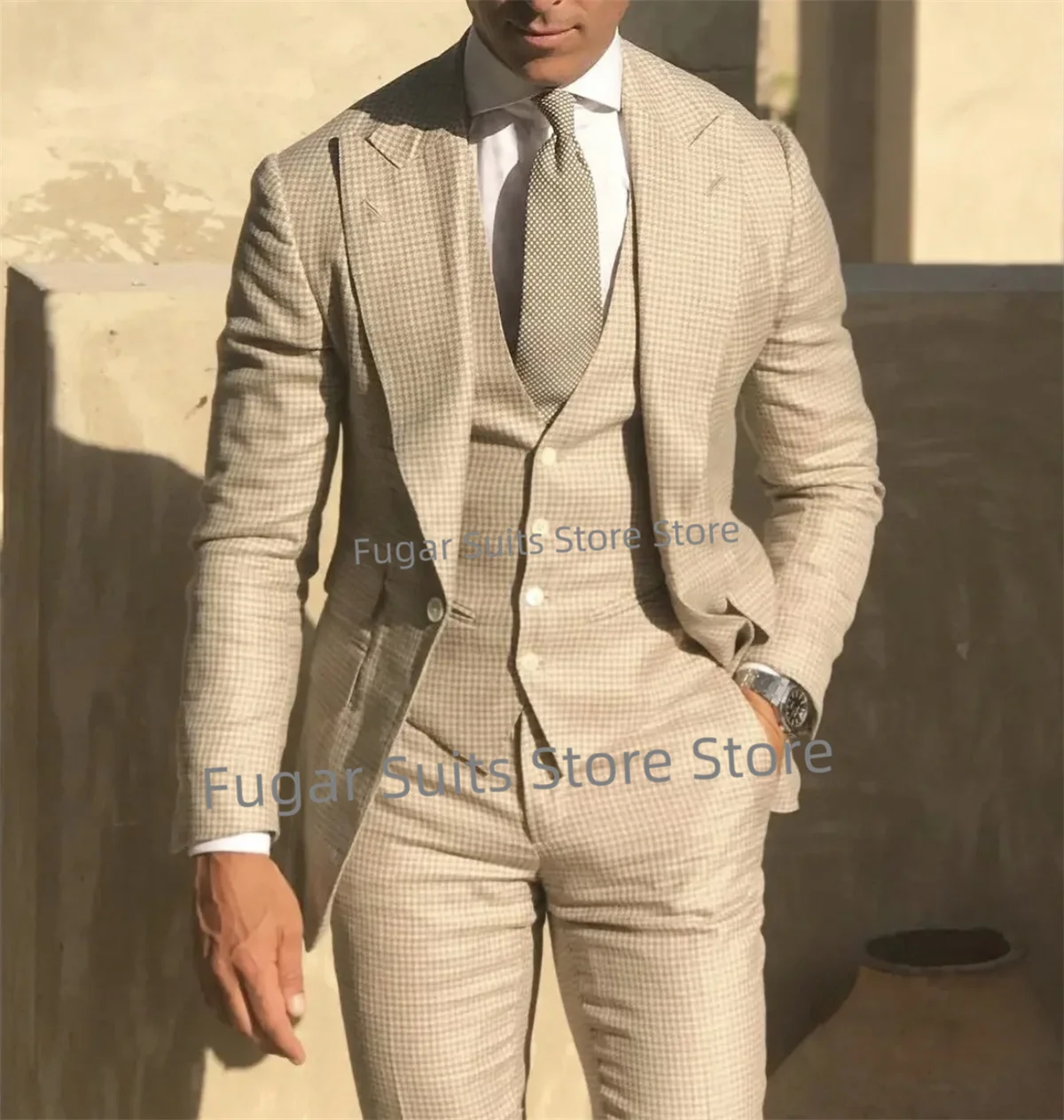 Fashion Beige Small Plaid Wedding Men Suits Slim Fit Notched Lapel Groom Tuxedos 3Pieces Sets Business Male Blazer Costume Homme
Fashion Beige Small Plaid Wedding Men Suits Slim Fit Notched Lapel Groom Tuxedos 3Pieces Sets Business Male Blazer Costume Homme