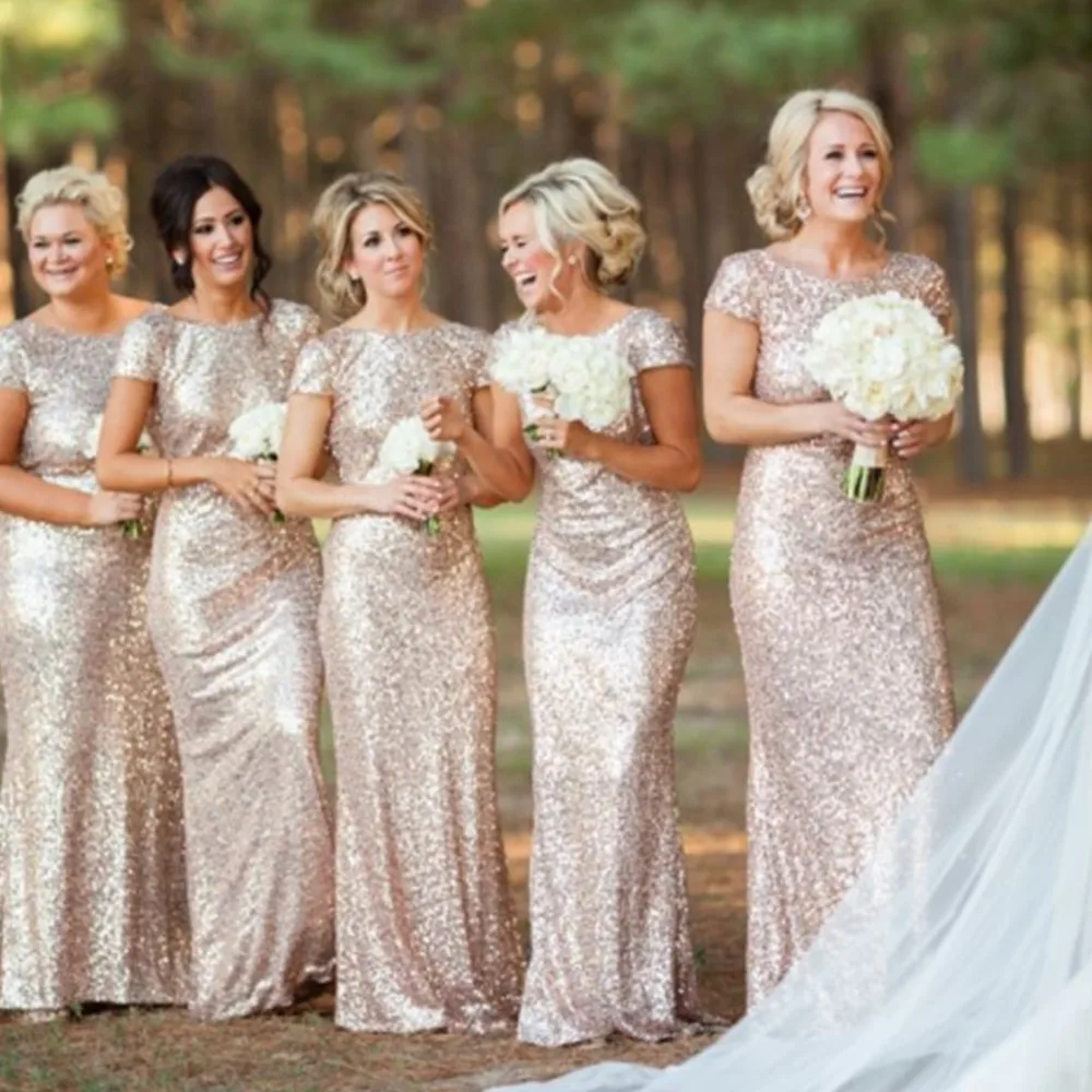 Champagne Gold Sequins Mermaid Bridesmaid Dresses Short Sleeves O Neck Summer Floor Length Formal Wedding Party Guest Gown
Champagne Gold Sequins Mermaid Bridesmaid Dresses Short Sleeves O Neck Summer Floor Length Formal Wedding Party Guest Gown