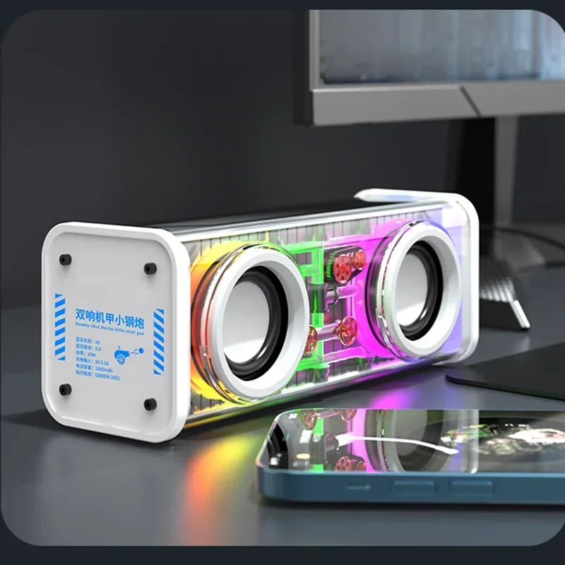 

New V8 Transparent Mecha Music Speakers Bluetooth TWS RGB Light Mini Party Loudspeaker 5.0 Wireless Bass Diaphragm Subwoofer