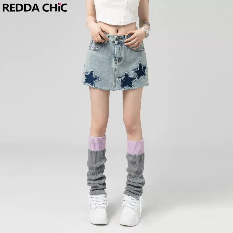 

REDDACHiC Vintage Y2k Denim Mini Skirt for Women Star Patchwork High Waist A-line Lining Short Jean Bottoms Acubi Fashion Outfit