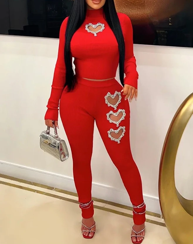 Sets for Women 2 Pieces New Autumn Women's Clothing Hollow Heart Rhinestone Long Sleeved Top & Plain Sexy Skinny Pants Set
Sets for Women 2 Pieces New Autumn Women's Clothing Hollow Heart Rhinestone Long Sleeved Top & Plain Sexy Skinny Pants Set