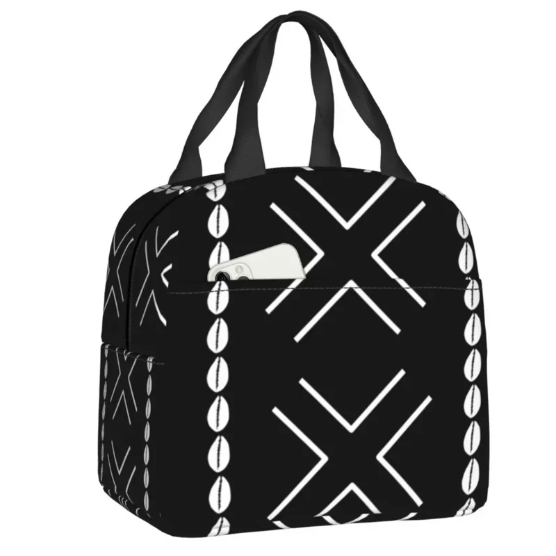 

African Mud Cloth Bogolan Design Insulated Lunch Bags for Women Tribal Geometric Art Portable Cooler Thermal Food Lunch Box