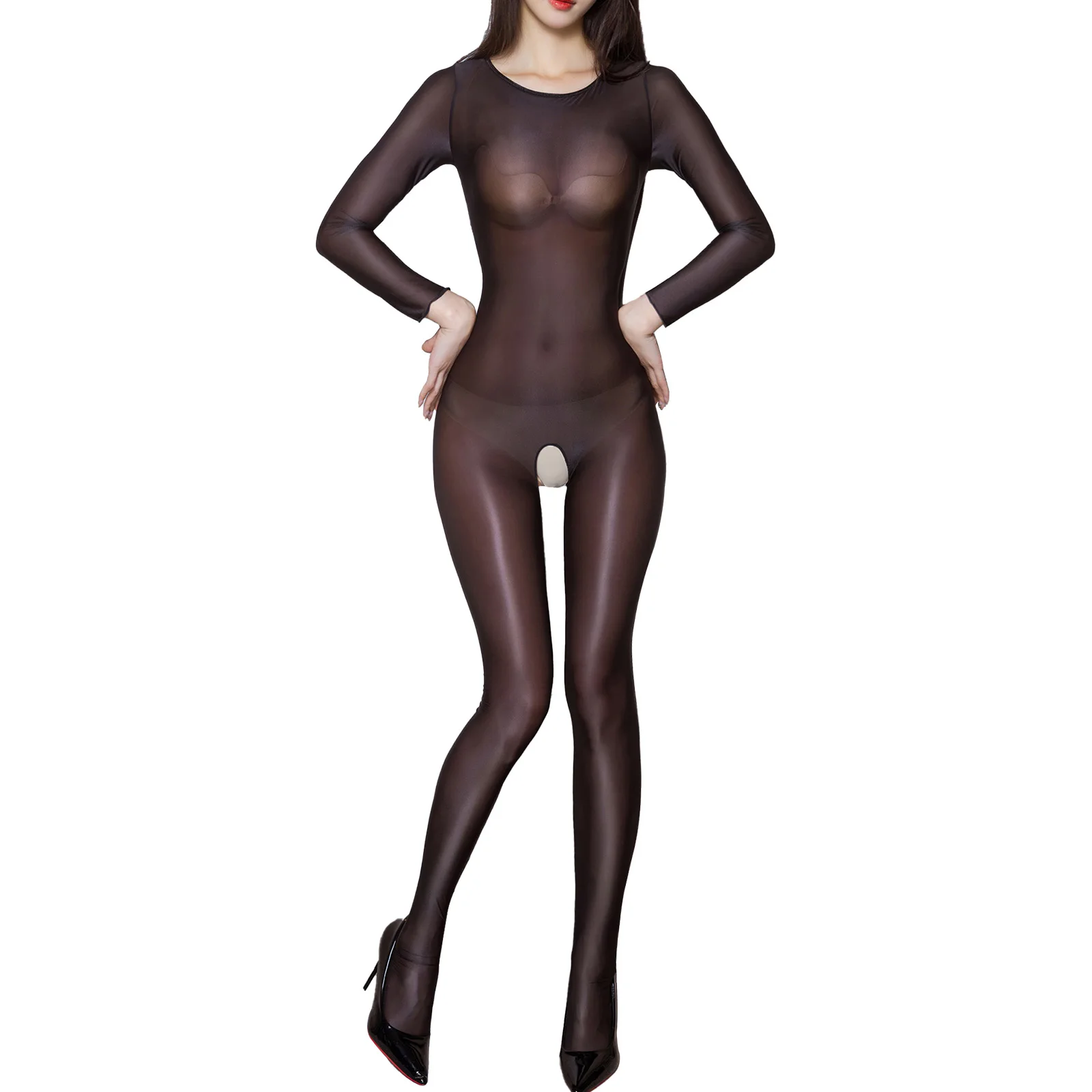 

Womens Glossy Sheer Bodystocking Long Sleeve Crotchless Bodysuit Catsuit See-Through Full Cover Tempting Jumpsuit Sexy Lingerie