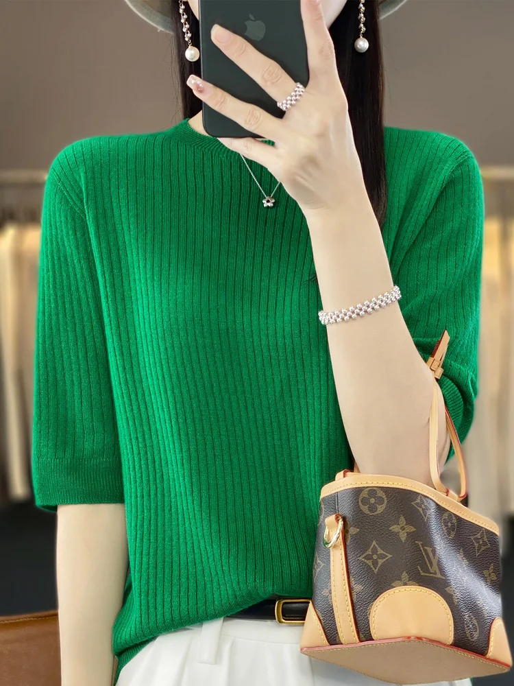 

24 summer new 100% pure merino wool fashion short sleeve cashmere women's sweater round neck pullover T-shirt