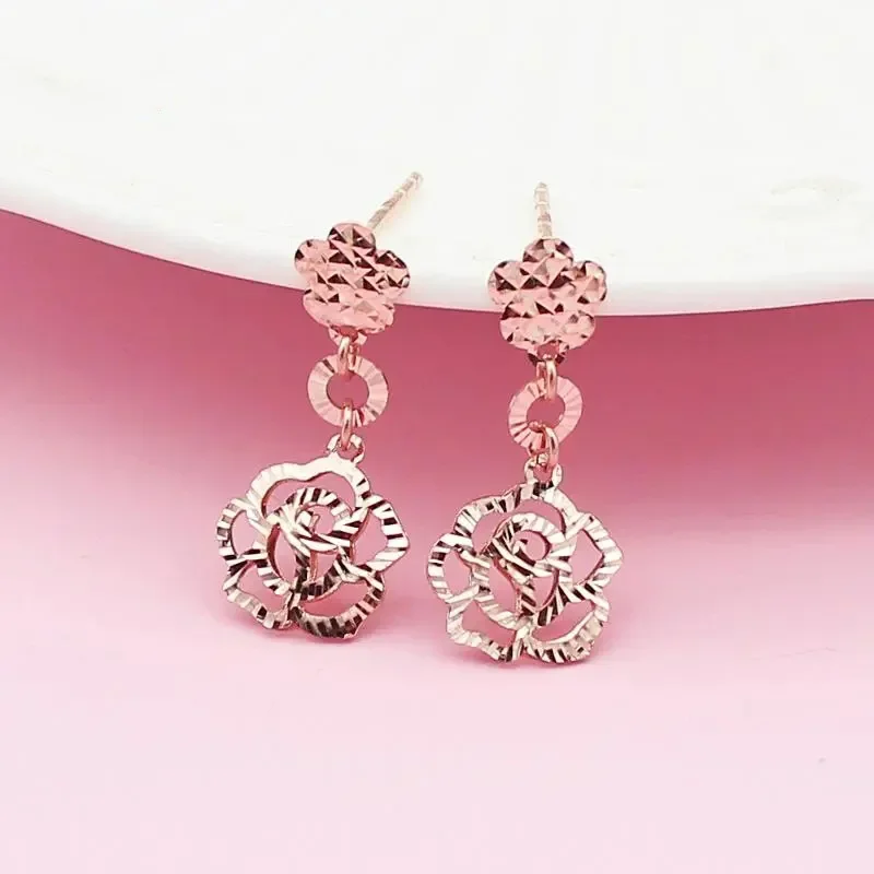 

585 Purple Gold Hollow out Rose Blossom stud earings New in Plated 14K Rose Gold Fashion Sweet earrings for women Jewelry