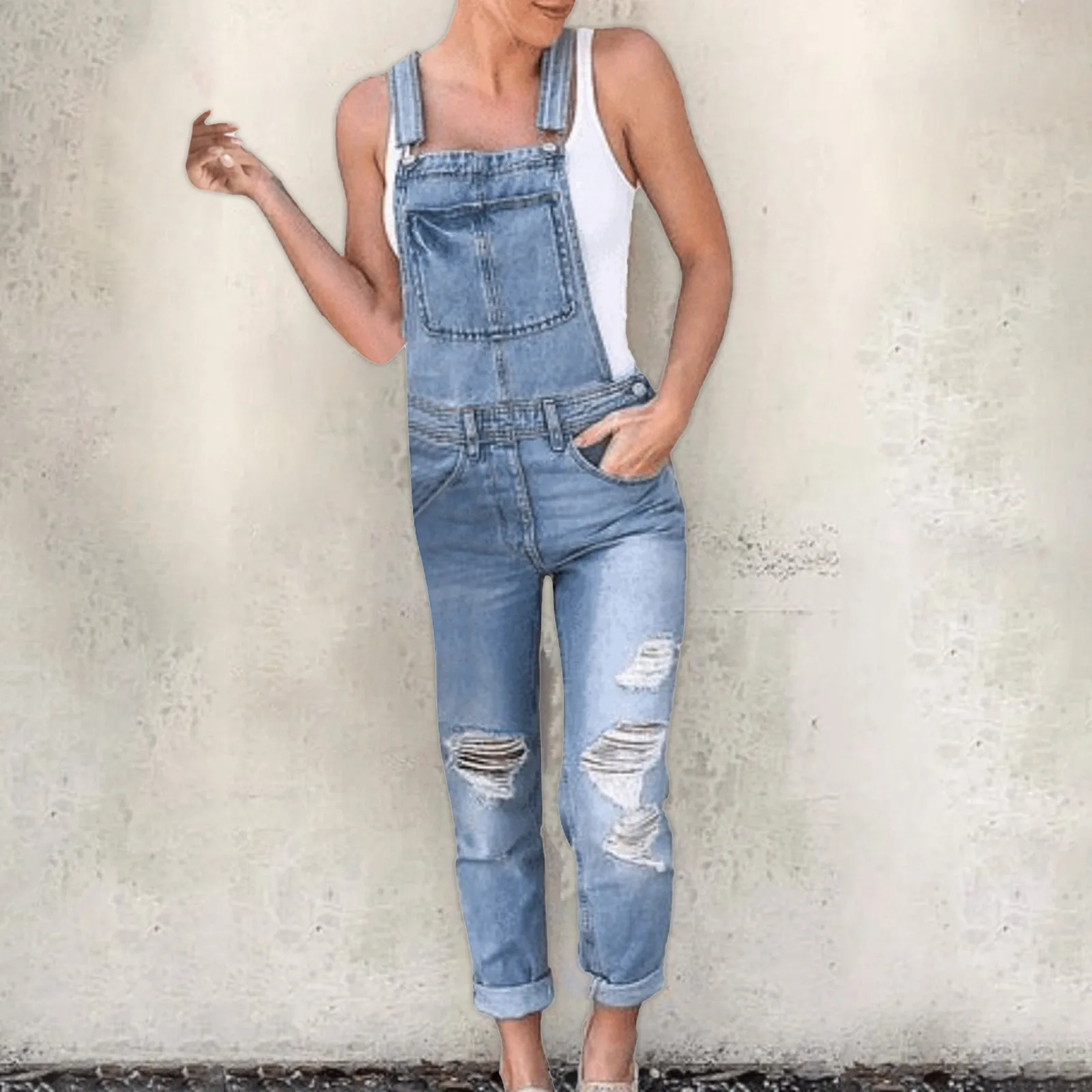 

Jumpsuits For Women Dressy Washed Denim Bib Jeans Overalls Ripped Denim Jumpsuits Rompers Combinaison Femme Комбинезон Женский