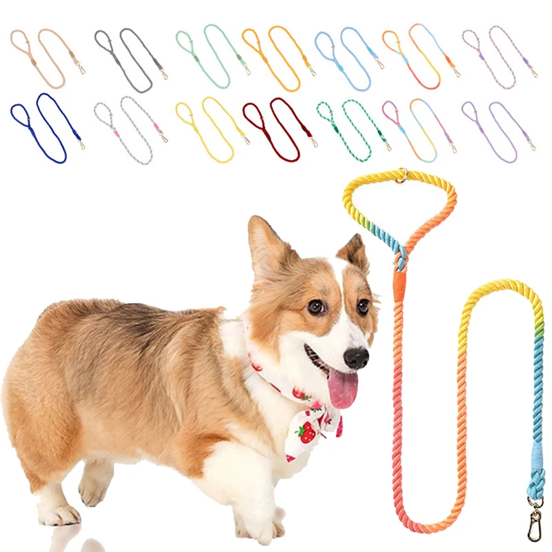 

120cm/150cm Dog Leash Round Cotton Rope Puppy Braided Lead Rope Rainbow Color Pet Long Leashes Belt Outdoor Dog Walking Training