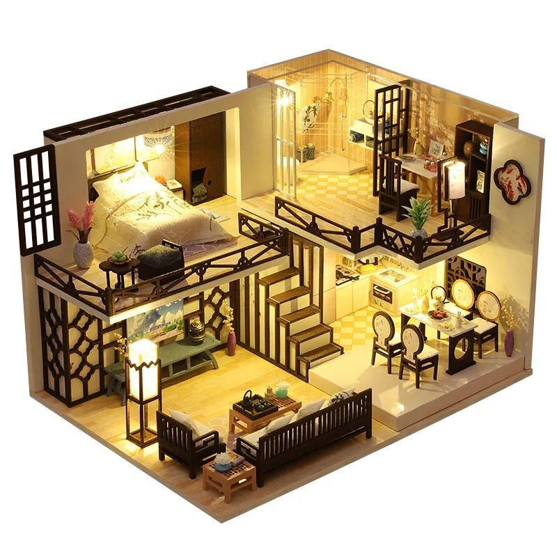 

DIY Wooden Doll Houses Miniature Building Kits Chinese Ancient Loft Dollhouse With Furniture Casa Toys for Girls Birthday Gifts