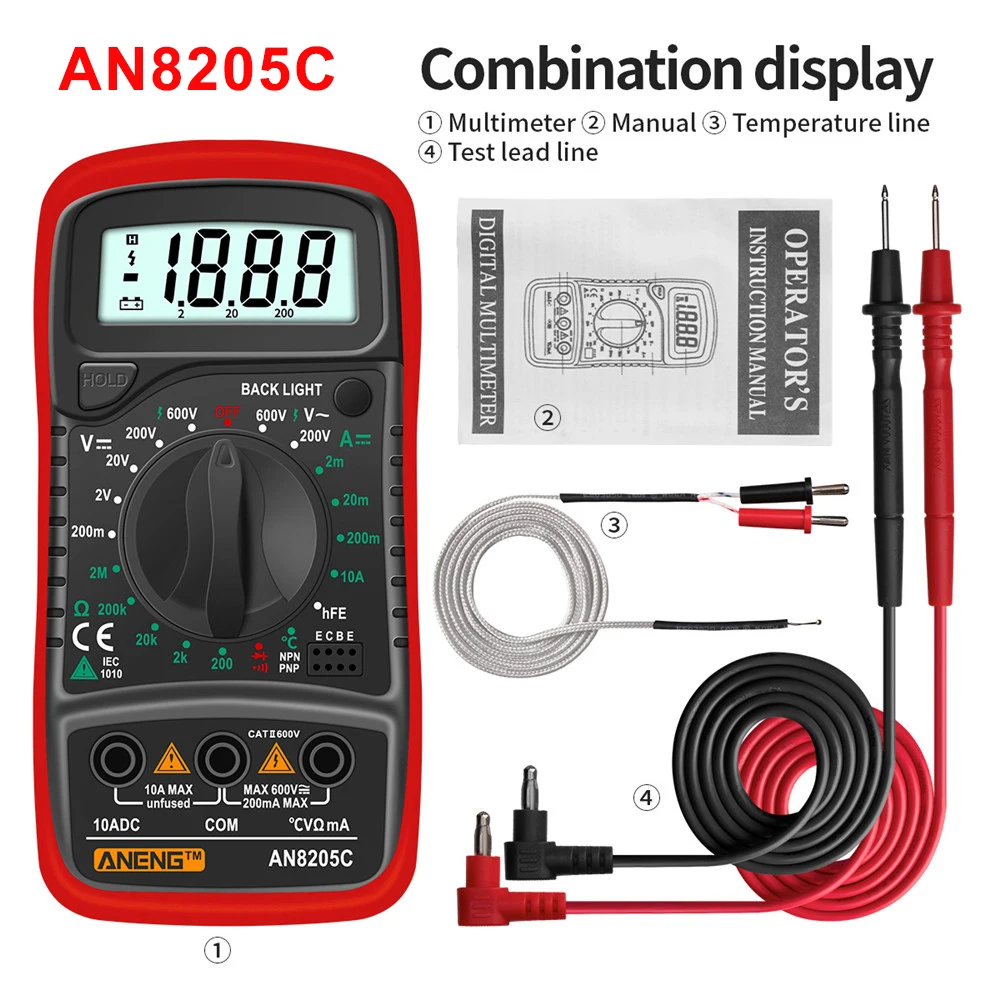 ANENG AN8205C Portable Digital Multimeter AC/DC Ammeter Volt Ohm Tester Meter DC 600V Multimetro With Thermocouple LCD Backlight
ANENG AN8205C Portable Digital Multimeter AC/DC Ammeter Volt Ohm Tester Meter DC 600V Multimetro With Thermocouple LCD Backlight