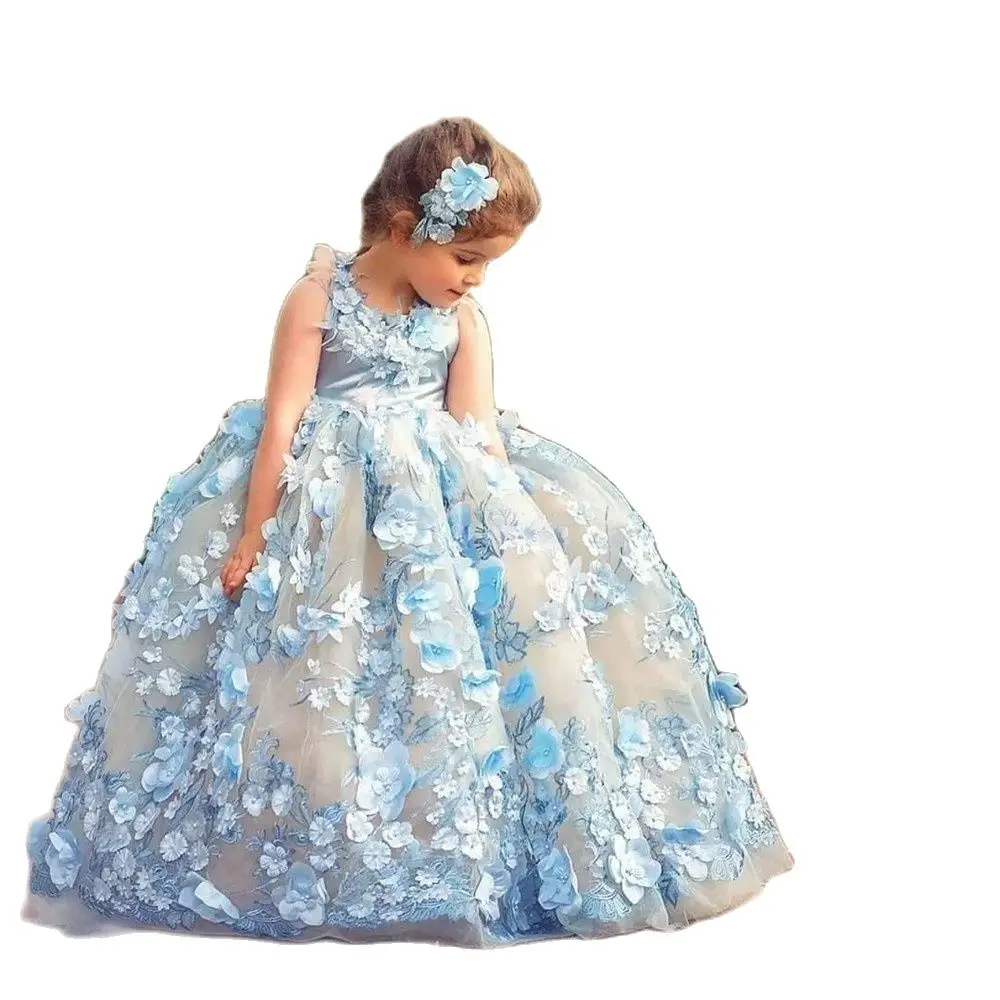 

Pretty Floor Length Puffy Tulle Princess Ball Gown Flower Girl Dresses For Wedding 3D Floral Appliqued Toddler Pageant Gowns