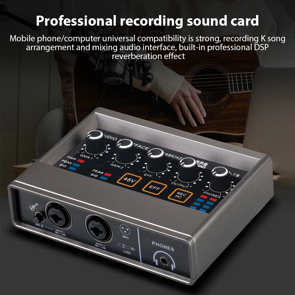 

Professional Recording XLR Audio Interface DSP Reverb 48V Phantom Power Plug Play for Music Recording Karaoke Vocal Recording