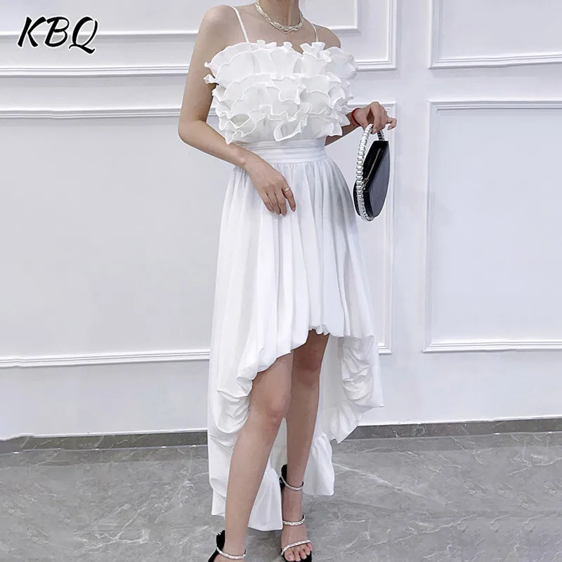 

KBQ Solid Patchwork Folds Camisole Dress For Women Strapless Sleeveless High Waist Irregular Hem Elegant Dresses Female Fashion
