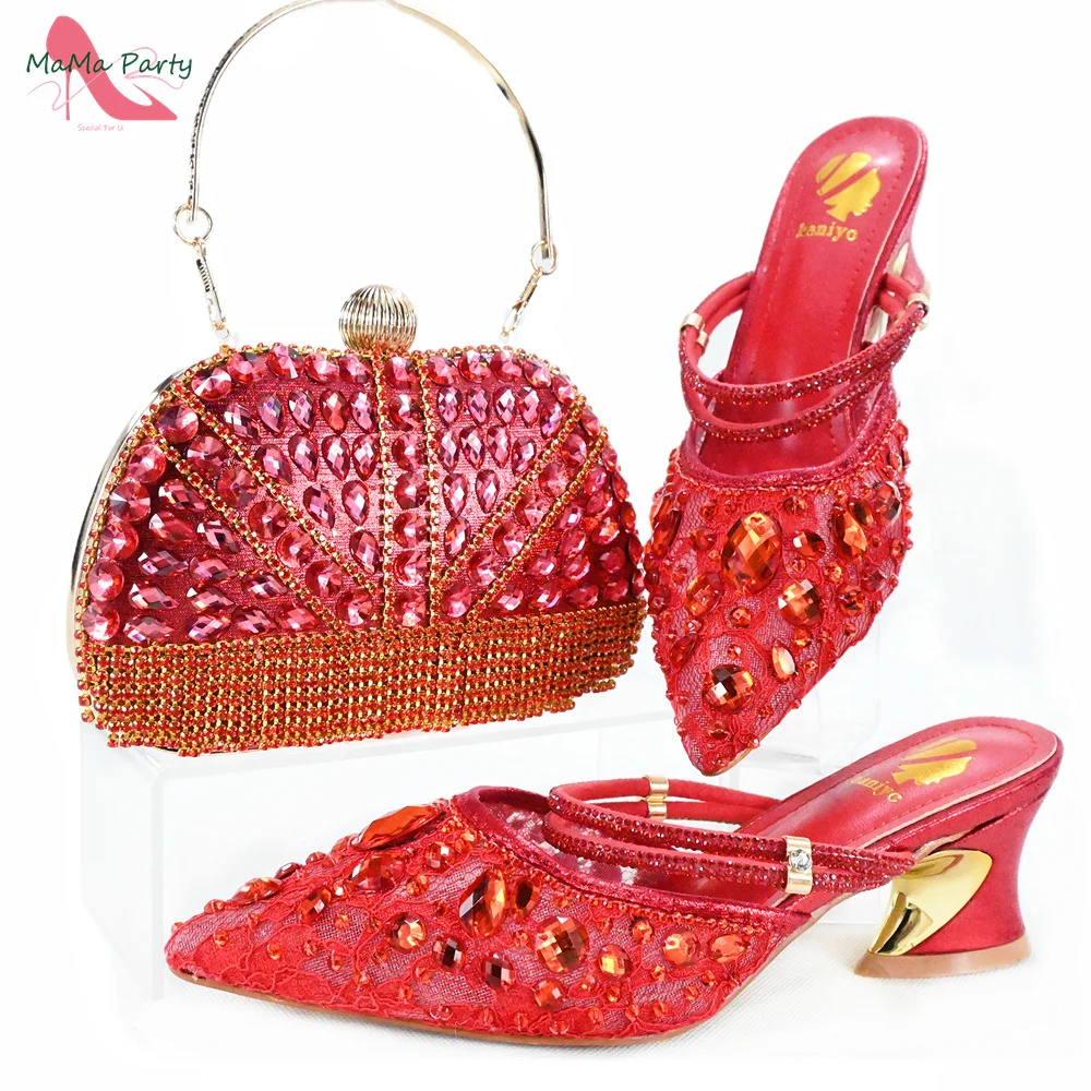 

Red Color Classics Style Italian Women Shoes Matching Bag Set High Quality New Design with Full Crystal for Good Dress
