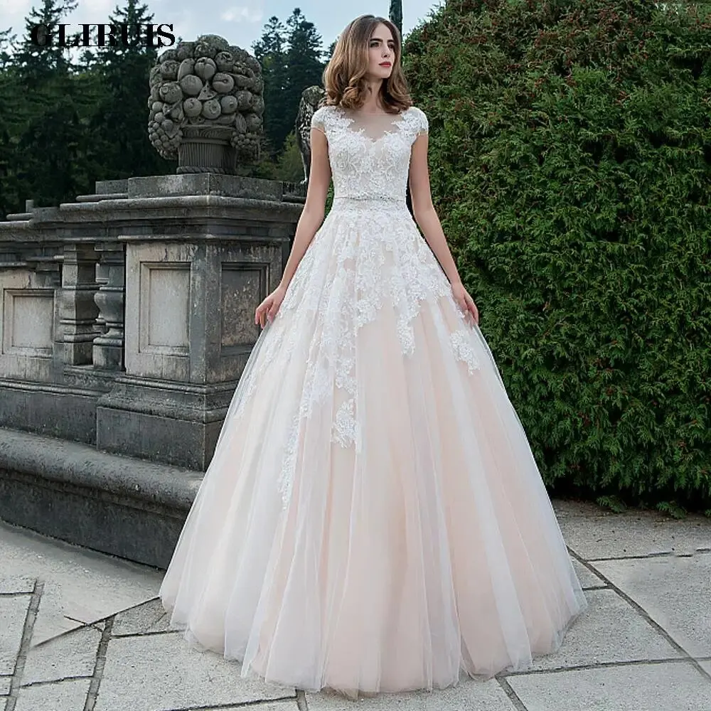

Illusion Boat Neck Wedding Dress Lace Appliques Beads Belt Cap Sleeve Bridal Tulle Ball Gown Boho 2020 Vestido De Noiva