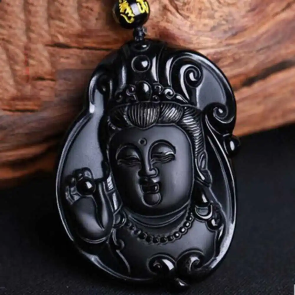 

Natural Obsidian Carved Avalokitesvara Amulet Pendant Gemstone Gift New Silver Heart Charms Natural Crystal Wedding Clavicle