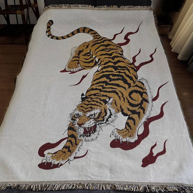 

Chinese style tiger pattern sofa blanket, Japanese knitted blanket, bed linen study personalized decoration room decor，tapestry