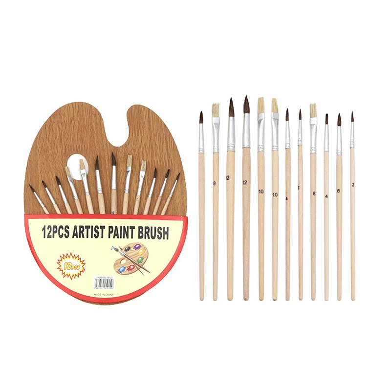 

12 Artist Paint Brush Flat Tip Nylon Gouache Color Mixing Hand Painting Palette Brushes Sets