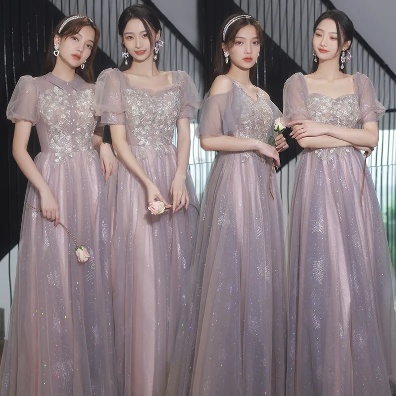 

Pink Purple Color Bridesmaid Dress Women Square Collar Puff Sleeves A-line Choir Dresses Exquisite Elegant Graduation Gown