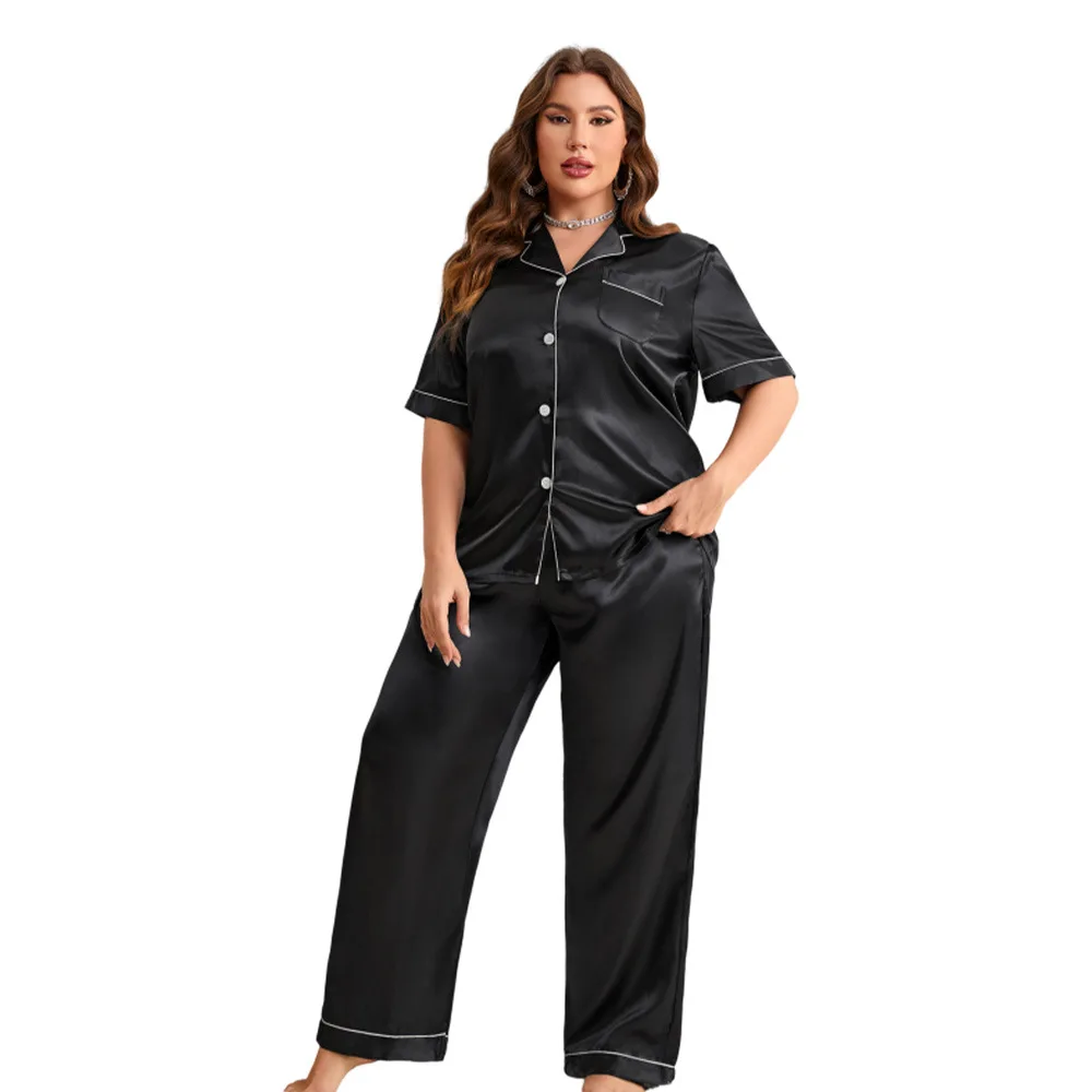 

Однотонная Пижама с лацканами, ночная сорочка из шелка с имитацией шелка, длинные брюки с рукавом до локтя, пижамный комплект из двух предметов, домашняя повседневная одежда для женщин