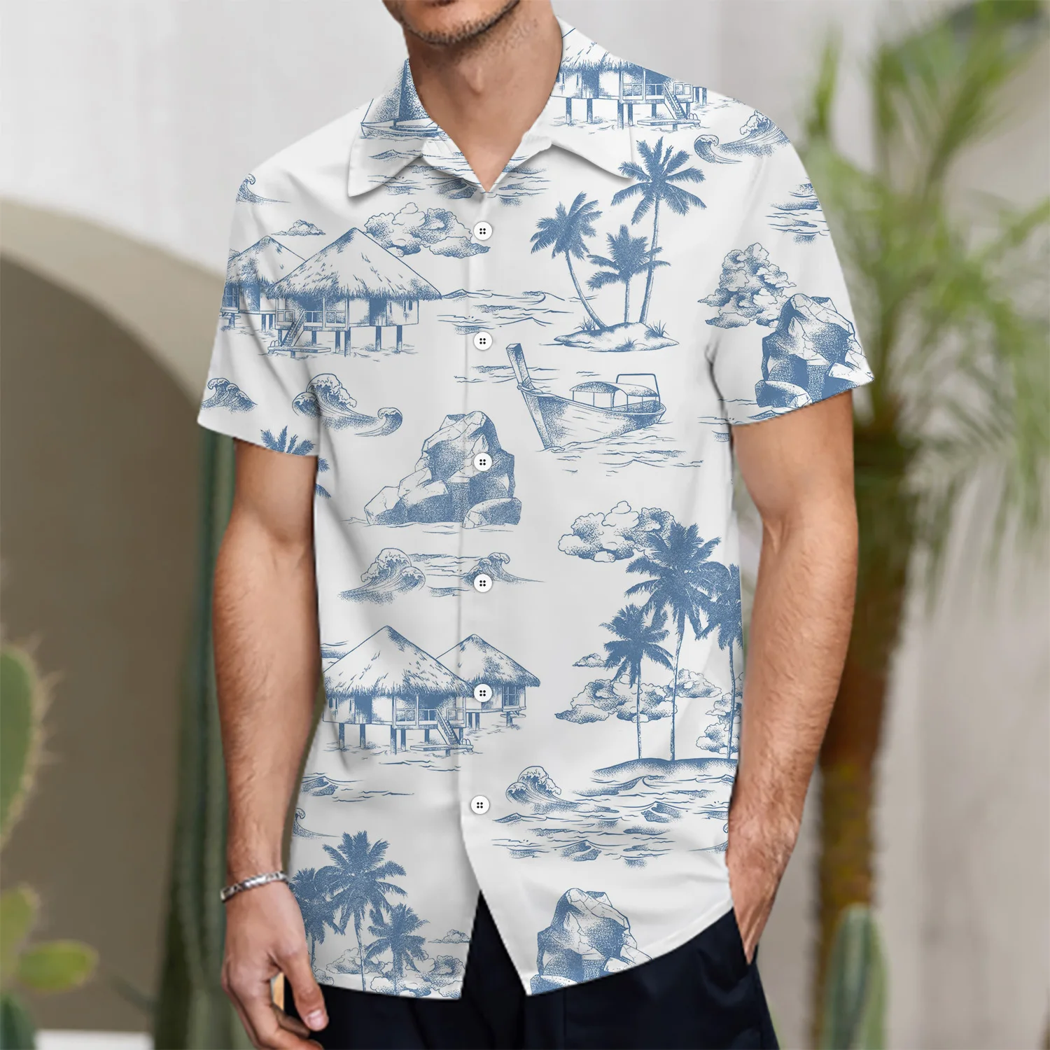 

Men's Shirts Hawaiian Beach Coconut Trees Print Short Sleeved Oversized Seaside Summer Holiday Single Breasted Casual Clothing