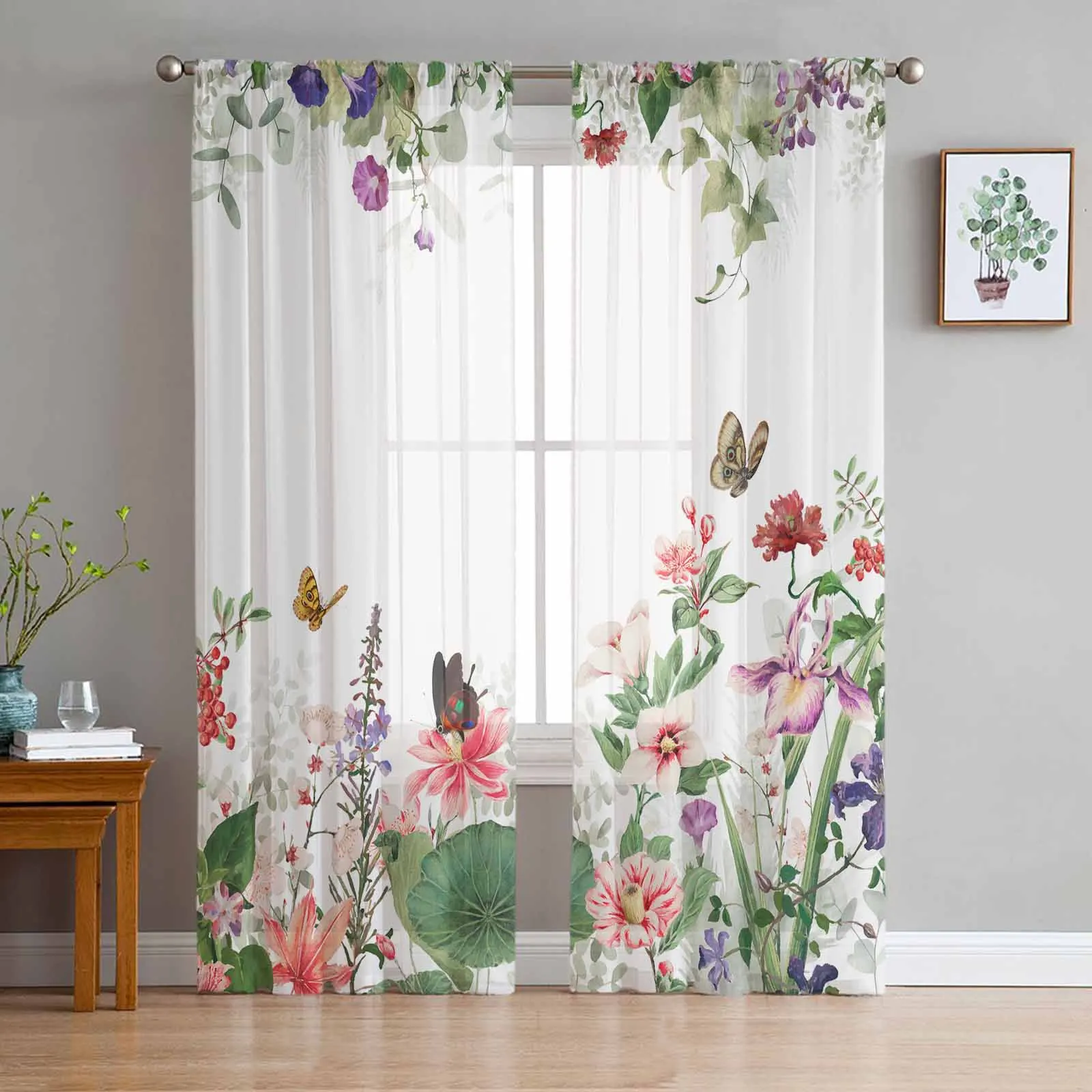 

Flowers Leaves Plants Butterflies Retro Style Sheer Curtains for Living Room Home Decor Tulle Curtain Bedroom Voile Drapes