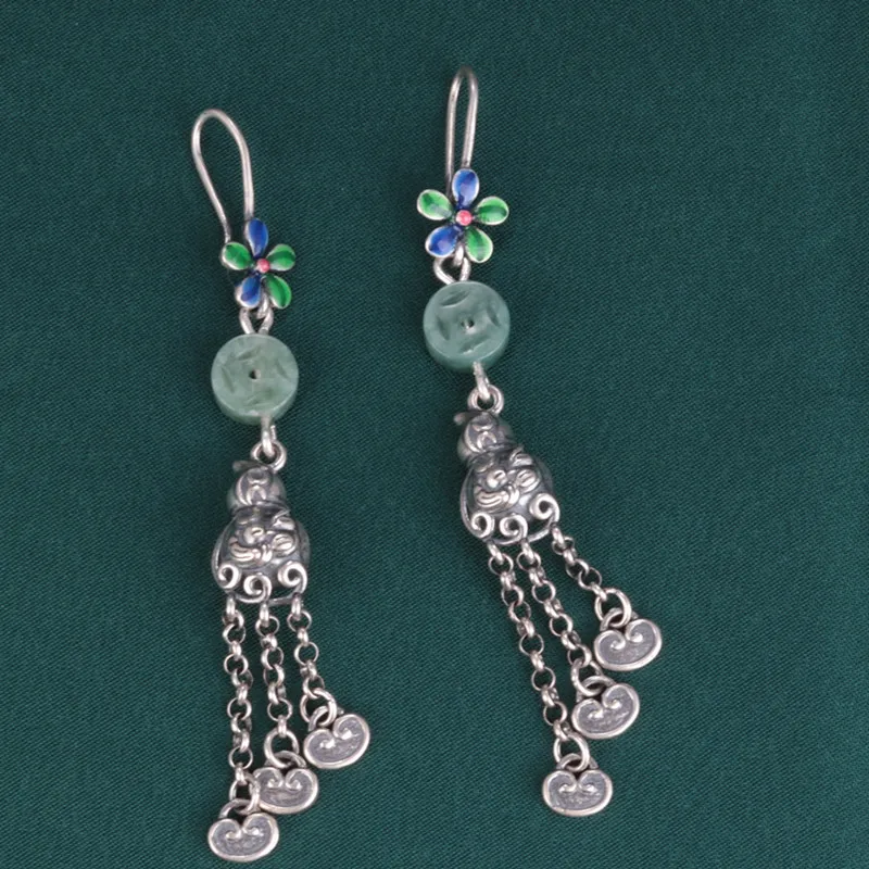 

925 Sterling Silver Jade Small Flower Gourd Hanging Earrings Women Retro Ethnic Enamel Long Tassel Earrings Wholesale EH162