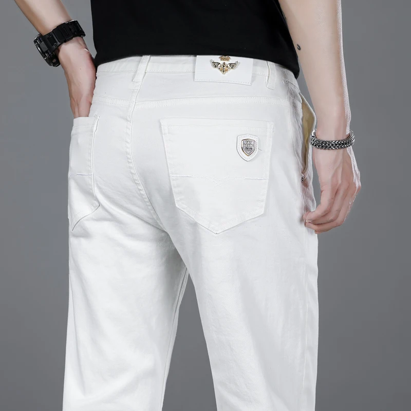 

Джинсы мужские стрейчевые, повседневные Прямые брюки, классический стиль, модная облегающая брендовая одежда, брюки из денима, белые