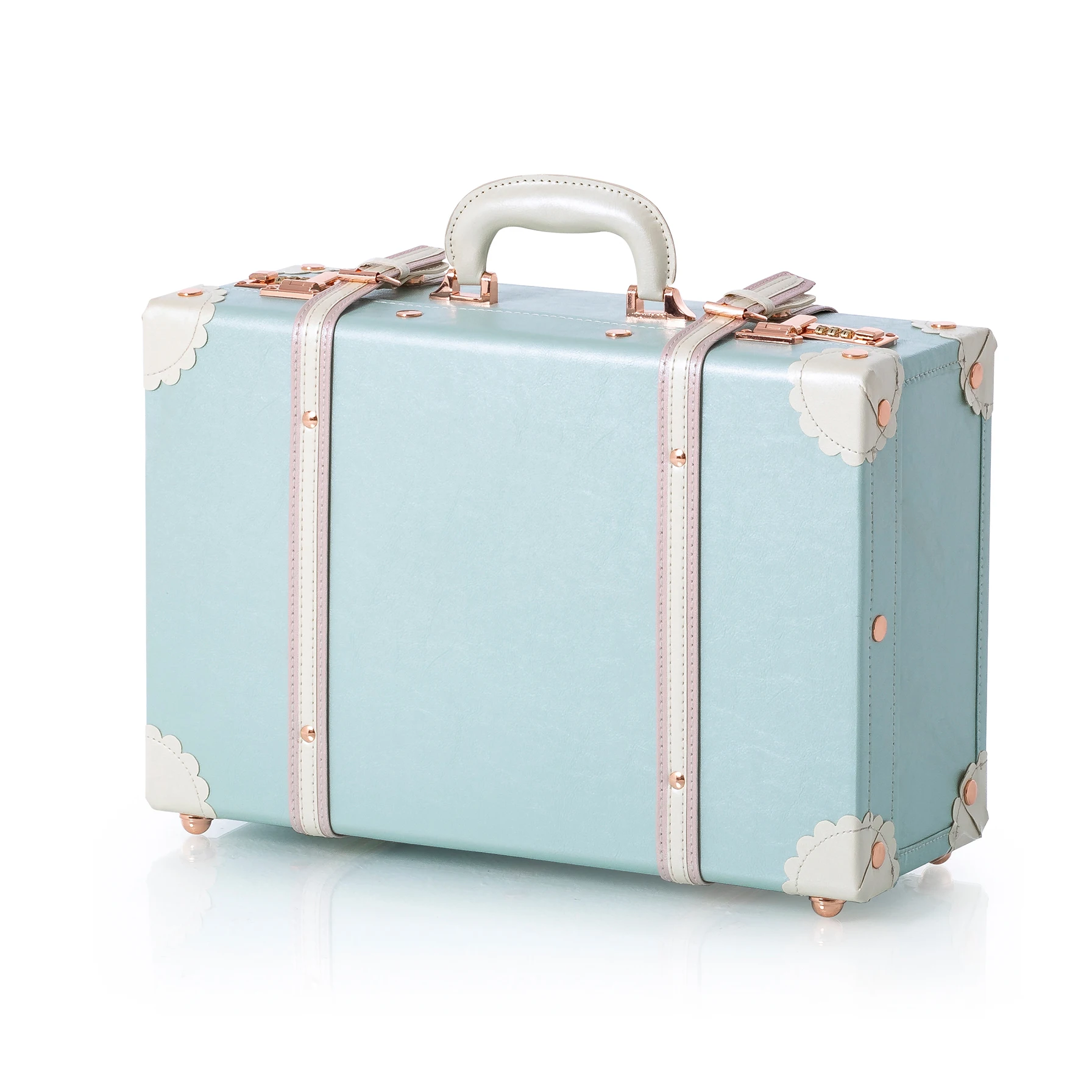 

COTRUNKGAE 13" 16" 18" Girly Carry On Bag Pu Overnight Retro Trunk, Vintage Suitcase for Women, Sky Blue