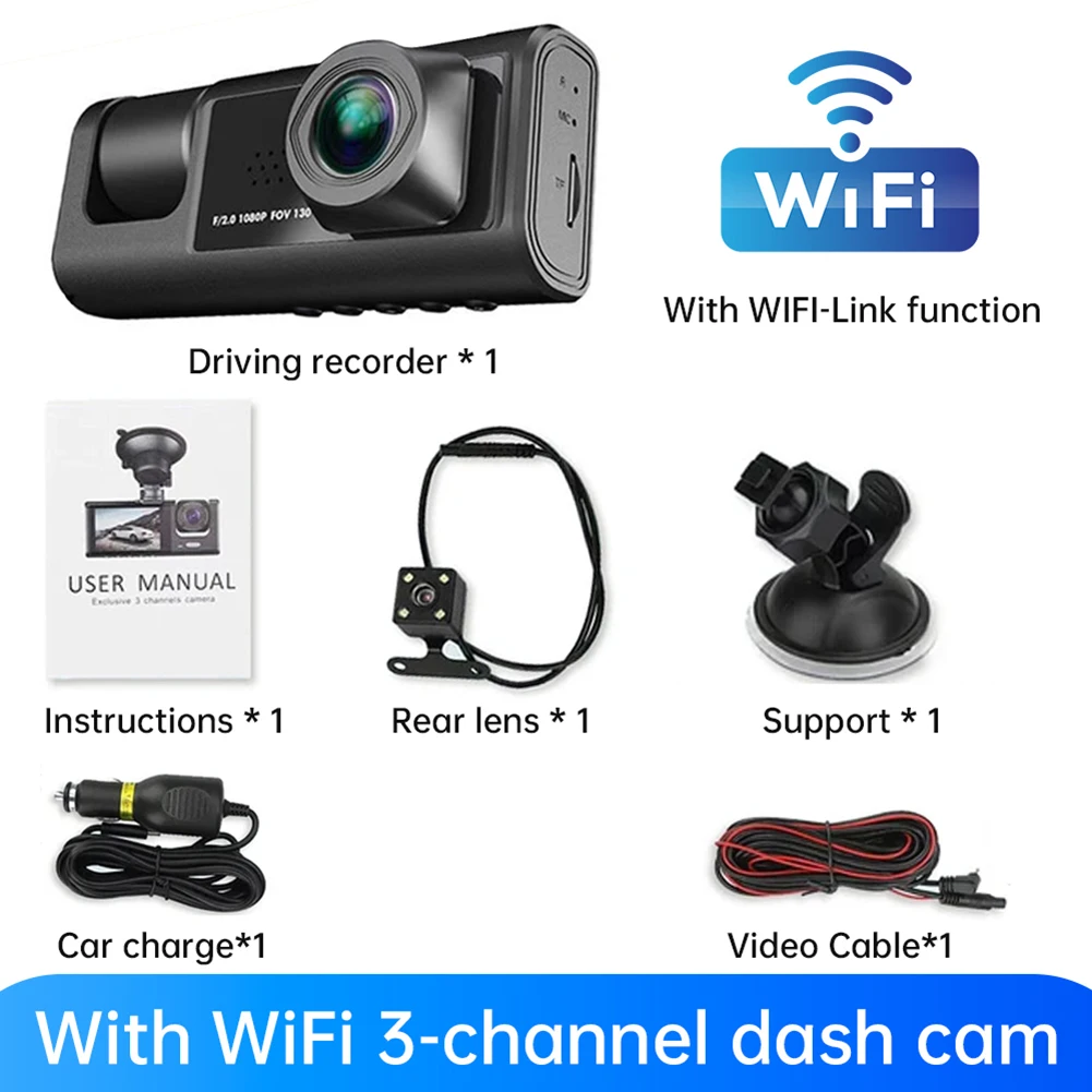 

1080P WIFI-tachograph Car Dash Cam Video Recorder 170° Wide-angle 2-inch LCD Screen APP Control FHD Three Channel