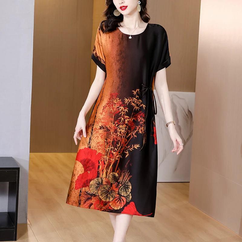 Summer Elegant Silk Printed Dress For Women 2023 New Versatile Round Neck Short Sleeve Loose Fit Holiday Party Dress Vestidos
Summer Elegant Silk Printed Dress For Women 2023 New Versatile Round Neck Short Sleeve Loose Fit Holiday Party Dress Vestidos